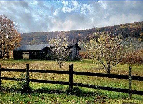 A rustic cabin surrounded by colorful autumn trees and a wooden fence, set against a hilly landscape.