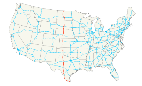 Map of the United States highlighting highways, with a prominent red line representing a specific route.