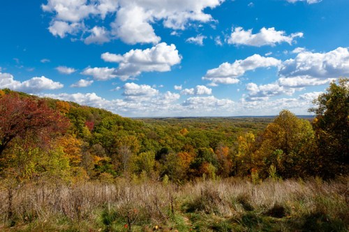 A scenic view of rolling hills covered in autumn foliage under a bright blue sky with fluffy white clouds.