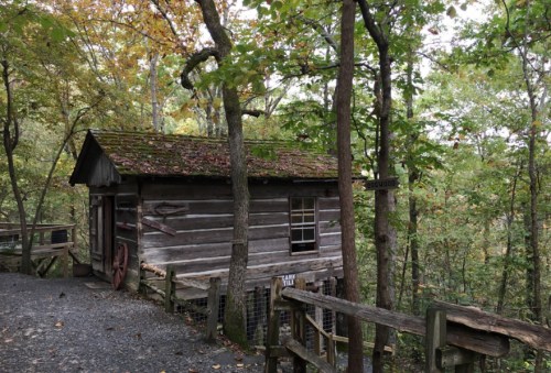 A rustic wooden cabin surrounded by trees, with a gravel path and a signpost nearby, in a forested area.