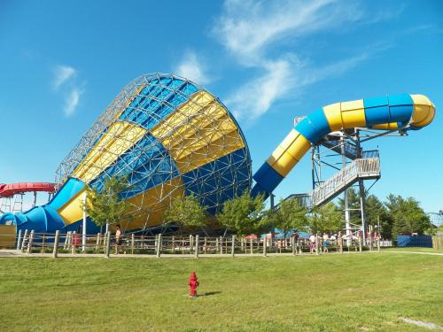 A large, colorful water slide structure with a funnel shape, surrounded by green grass and trees under a blue sky.
