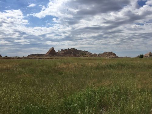 A vast grassy field with rocky formations under a cloudy sky in the background.