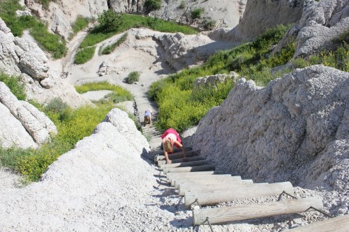 A person climbs wooden steps on a steep trail surrounded by rocky terrain and greenery.
