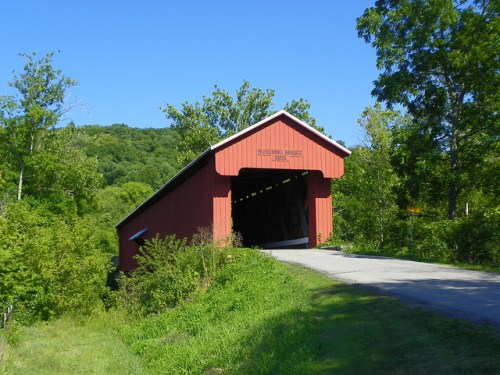 A red covered bridge surrounded by greenery, leading into a wooded area on a sunny day.