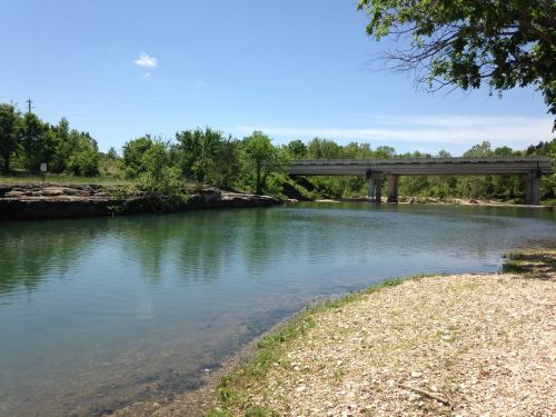 A serene river scene with clear water, green trees, and a bridge in the background under a blue sky.