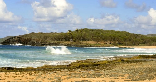 A serene beach scene with gentle waves, rocky shore, and a lush island in the background under a partly cloudy sky.