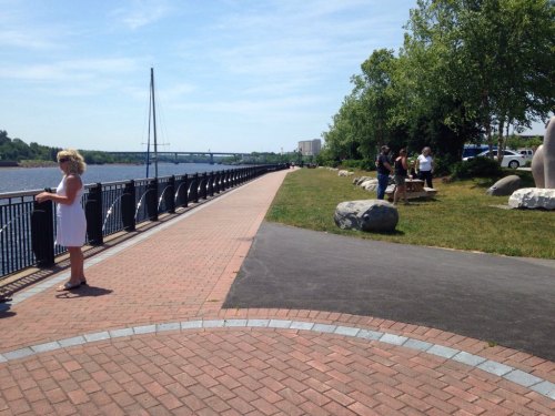 A scenic riverside path with people enjoying the outdoors, greenery, and a bridge in the background under a clear blue sky.