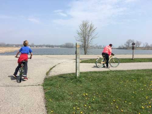 Two people riding bicycles near a lake on a sunny day, with trees and a clear sky in the background.