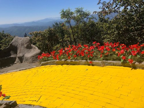 A vibrant yellow brick path curves through a scenic landscape, bordered by red flowers and distant mountains.