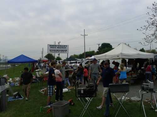 A bustling outdoor market scene with tents, people browsing, and food vendors along a grassy area.