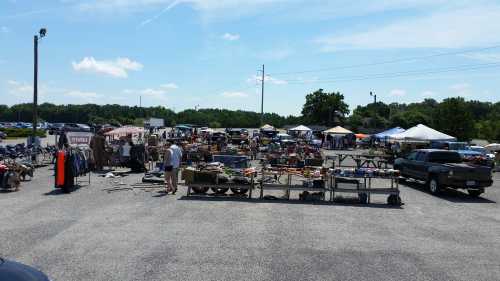 A bustling outdoor flea market with various stalls, tents, and shoppers browsing items under a clear blue sky.