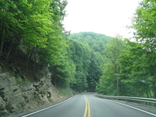 Winding road through lush green trees and rocky terrain under a cloudy sky.