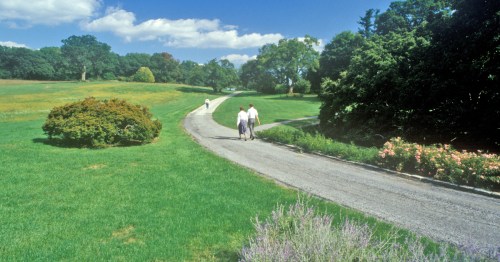 a couple walks down a path at winterthur in delaware