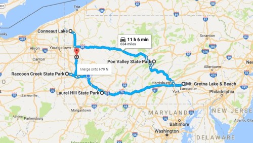 Map showing a route of 634 miles, connecting Poe Valley State Park, Conneaut Lake, and other parks in Pennsylvania.