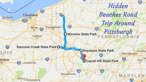 Map showing a road trip route around Pittsburgh, highlighting hidden beaches and state parks.