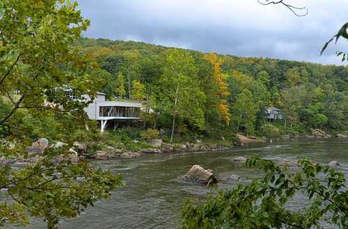 A serene river scene with modern houses nestled among lush green trees and rocky banks under a cloudy sky.