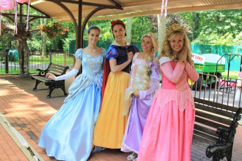 Four women dressed as princesses in colorful gowns pose together in a park setting.