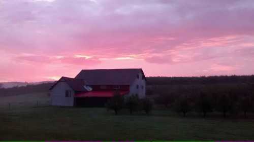 A rustic barn sits in a field under a vibrant pink and purple sky at sunset.