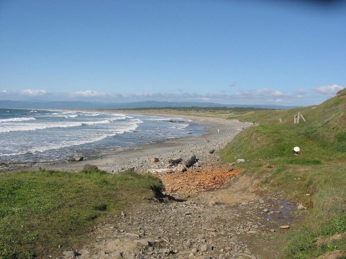 A scenic beach with gentle waves, grassy dunes, and a clear blue sky in the background.