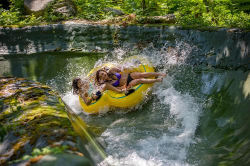Two people in a yellow inner tube splash through a water slide surrounded by lush greenery.
