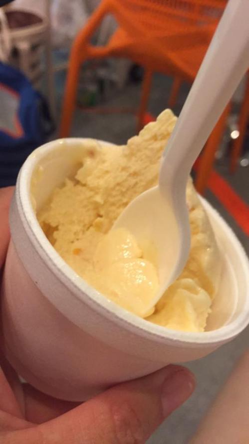 A hand holding a cup of creamy yellow ice cream with a white spoon.