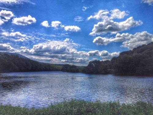 A serene lake surrounded by lush greenery and a blue sky filled with fluffy clouds.