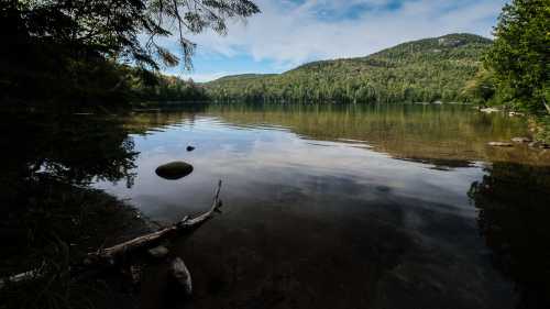 A serene lake surrounded by lush greenery and mountains, reflecting the sky and trees in calm waters.