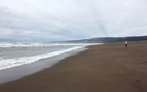 A person walks along a sandy beach with gentle waves and a cloudy sky in the background.