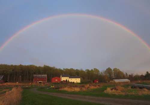 A vibrant rainbow arcs over a rural landscape with red and white farmhouses and green fields.