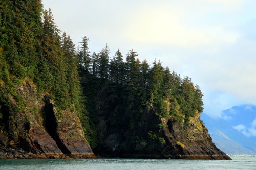Lush green trees atop rocky cliffs by a calm body of water under a cloudy sky.