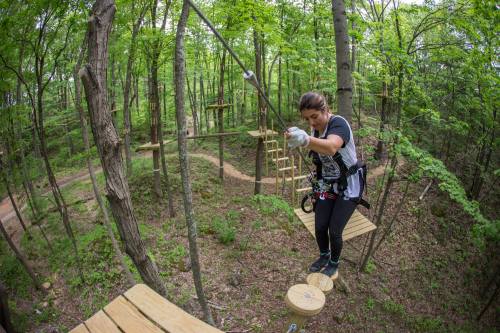 A person navigates a rope course in a forest, balancing on wooden platforms among the trees.