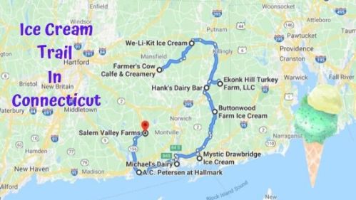 Map of the Ice Cream Trail in Connecticut, highlighting various ice cream shops and farms along the route.