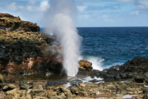 A natural blowhole erupts water into the air against a rocky coastline and ocean backdrop under a blue sky.