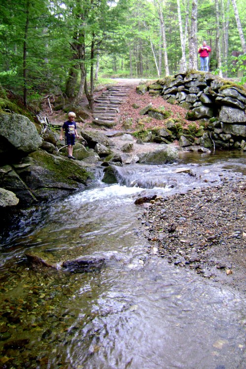 A child stands by a stream while an adult takes a photo on a rocky bridge in a wooded area.