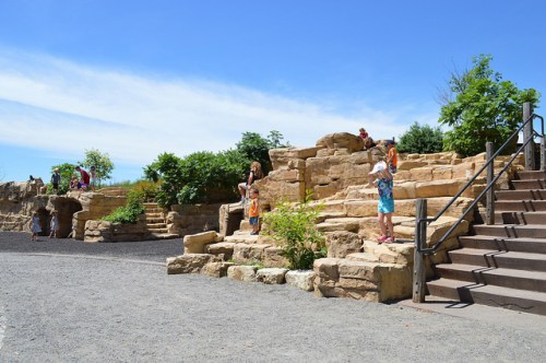 Children play on rocky structures in a sunny outdoor area with greenery and blue skies.