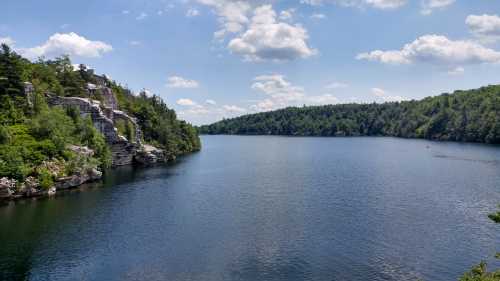 A serene lake surrounded by lush greenery and rocky cliffs under a blue sky with fluffy clouds.