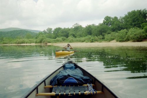 A person paddles a yellow kayak on calm water, with lush greenery and a sandy shore in the background.