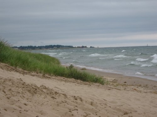 A sandy beach with tall grass, gentle waves, and a cloudy sky in the background.