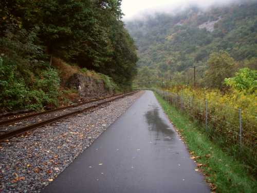 A misty landscape featuring a wet path alongside train tracks, bordered by trees and a mountain in the background.