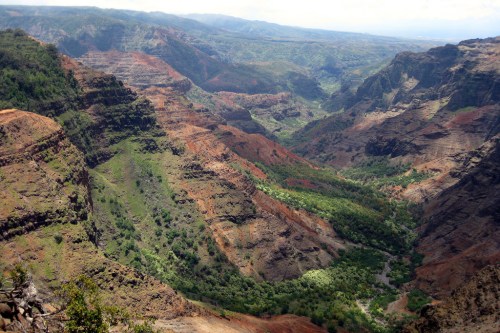 A panoramic view of a colorful canyon with lush greenery and rugged cliffs under a clear sky.