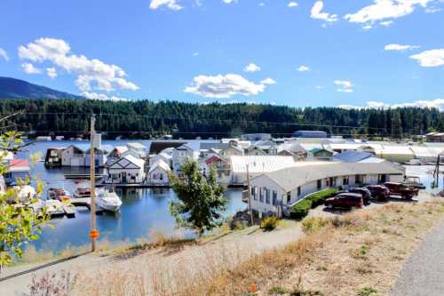 A scenic view of a marina with colorful houseboats, surrounded by trees and mountains under a blue sky with clouds.