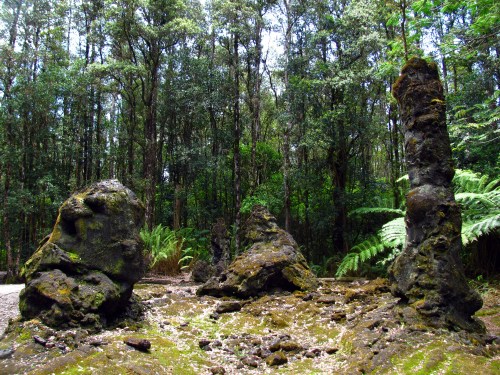 Three rocky formations surrounded by lush green trees in a dense forest. Sunlight filters through the foliage.