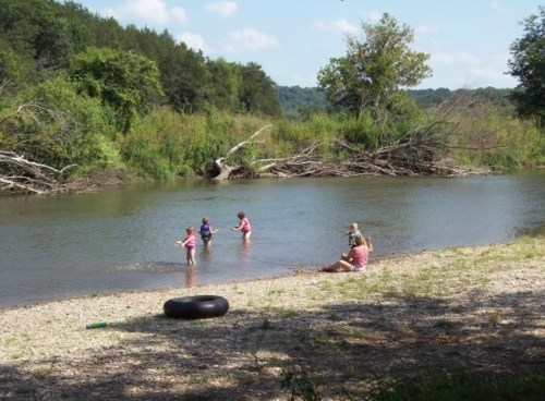Children playing in a river on a sunny day, with trees and a tire in the foreground.