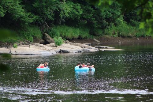 Two people relax on inflatable tubes in a calm river, surrounded by lush greenery and rocky banks.