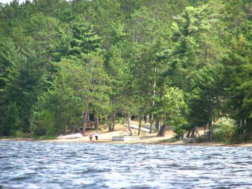 A serene lakeside scene with trees, a sandy shore, and two people walking near the water's edge.