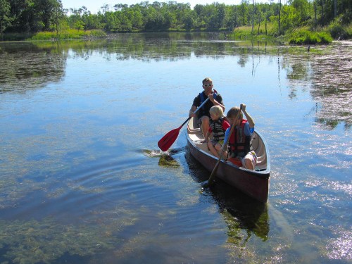 A family paddles a canoe on a calm lake surrounded by lush greenery and clear water.