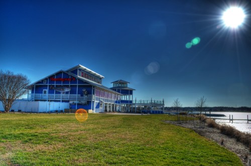 A colorful waterfront restaurant with a blue exterior, surrounded by grass and water, under a bright sun.