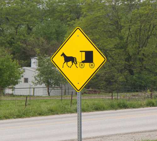 Yellow warning sign depicting a horse and buggy, indicating a horse-drawn vehicle area. Green trees in the background.