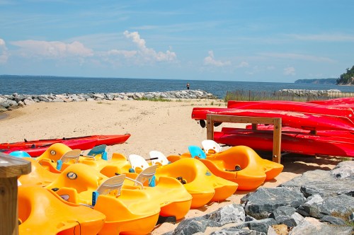 Colorful yellow paddle boats lined up on a sandy beach, with red kayaks and a calm blue ocean in the background.
