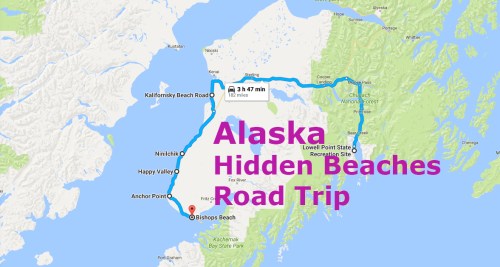 Map showing a road trip route in Alaska, highlighting "Hidden Beaches" with key locations and travel time.